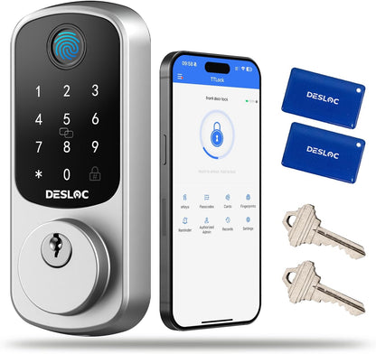 DESLOC B200 Fingerprint Smart Door Lock, Keyless Entry Door Lock, App Control, Easy Installation, Front Door Smart Deadbolt Lock, Touchscreen Keypad, Emergency Power Port, 12 Months Battery, IP54 - PuriLite
