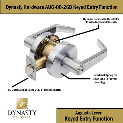 Dynasty Hardware AUG-00-26D Grade 2 Commercial Duty Office Door Keyed Lever Lockset, ADA, Satin Chrome Finish - PuriLite