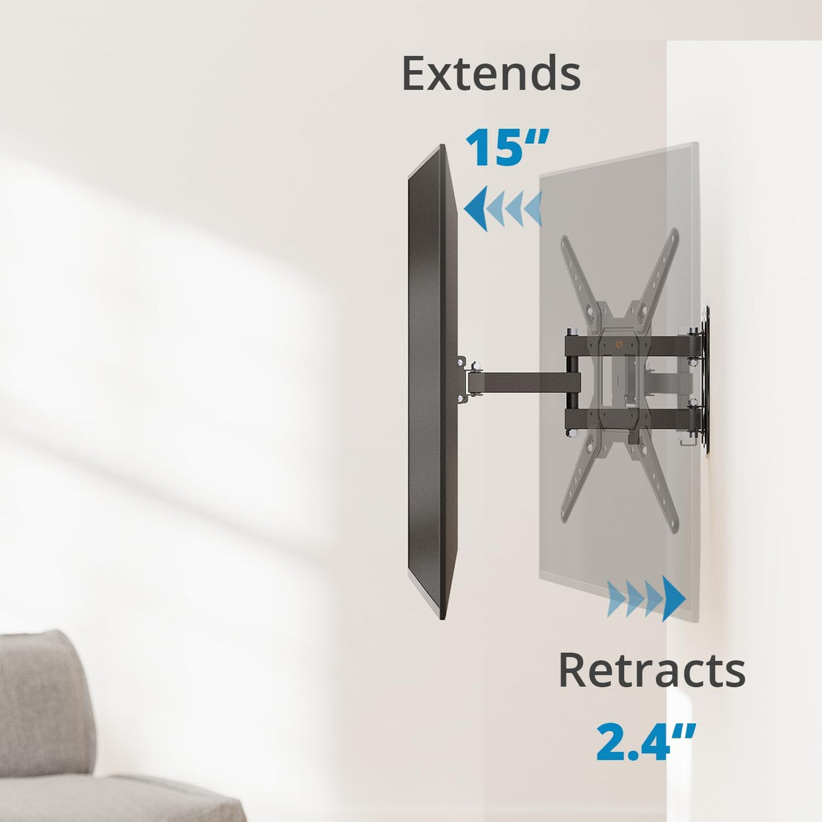 Full Motion Wall Mount Bracket & Arm for TVs/Monitors, Fits Most 32" to 55" Flat Screens, Swivels Right Left 180 Degrees, Adjustable Tilt, One Person Installation, Hardware Included by Husky Mounts - PuriLite