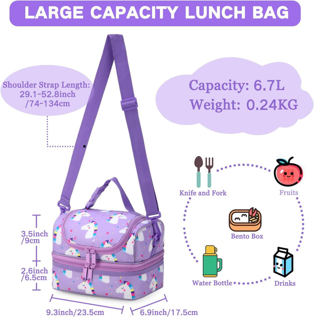 VASCHY Lunch Box Bag Men, Insulated Two Compartments Bento Cooler Bags for Adults/Women/Kids for School,Daycare,Kindergarten,Picnic Black - PuriLite