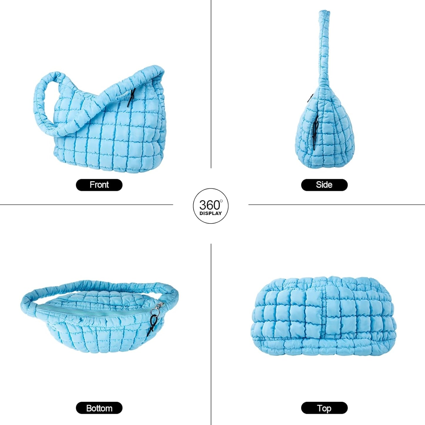 Quilted Puffer Tote Bag Large Crossbody Shoulder Bag with Zipper, Nylon Hobo Oversized Handbag - PuriLite