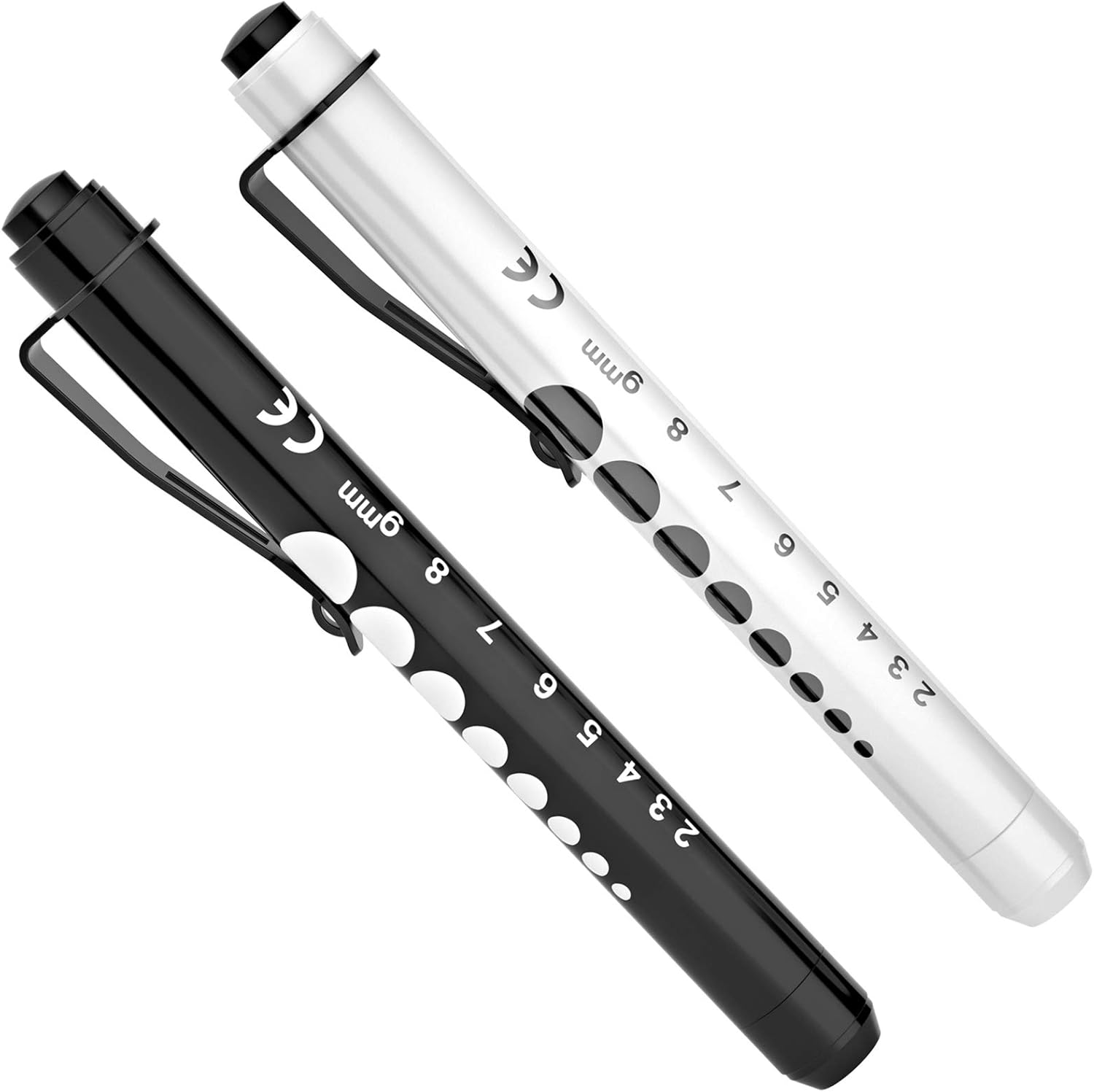 RISEMART Pen Lights for Nurses, 2 Pack Reusable Medical Light with Pupil Gauge and Ruler, White Light LED Penlight for Student Doctors EMT (Black/White) - PuriLite