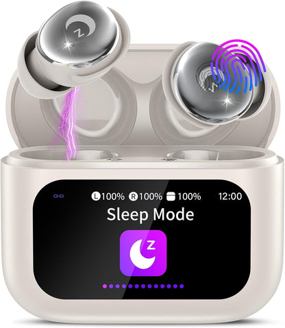 VEKJ Sleep Earbuds, Bluetooth 5.4 Mini Wireless Ear Euds with Multifunctional Touch Screen, 48H Bass Stereo Headphones with Sleep Mode/5 EQ Modes/ENC Noise Cancelling, IPX7 Earphones for iOS Android - PuriLite