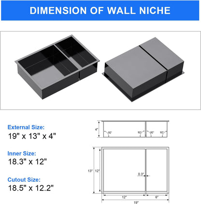 MENATT No Tile Shower Niche, Stainless Steel Wall Niche 13"X19"(Inner Size 12"X18"), Two-Tier Bathroom Shelf, NO Tile Needed Recessed Niche Shower for Bathroom Storage, Black - PuriLite