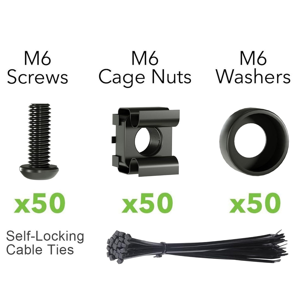 XOOL 50 PCS M6 x16mm Rack Mount Cage Nuts, Screws and Washers for Rack Mount Server Cabinet,Rack Mount Server Shelves,Routers,Rack Mount Screws and Square Insert Nuts,Self-Locking Cable Ties for Free - PuriLite
