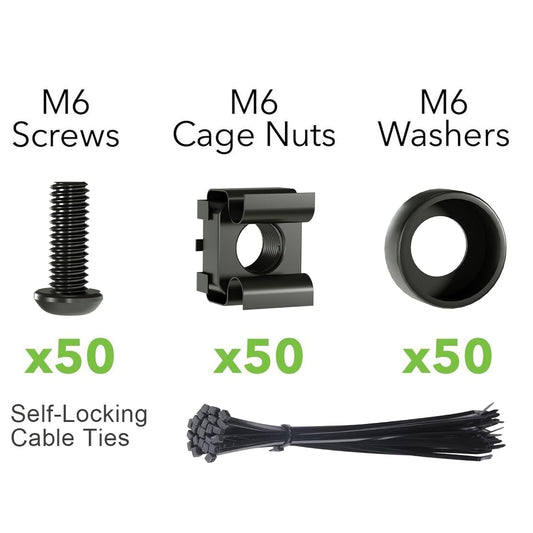 XOOL 50 PCS M6 x16mm Rack Mount Cage Nuts, Screws and Washers for Rack Mount Server Cabinet,Rack Mount Server Shelves,Routers,Rack Mount Screws and Square Insert Nuts,Self-Locking Cable Ties for Free - PuriLite