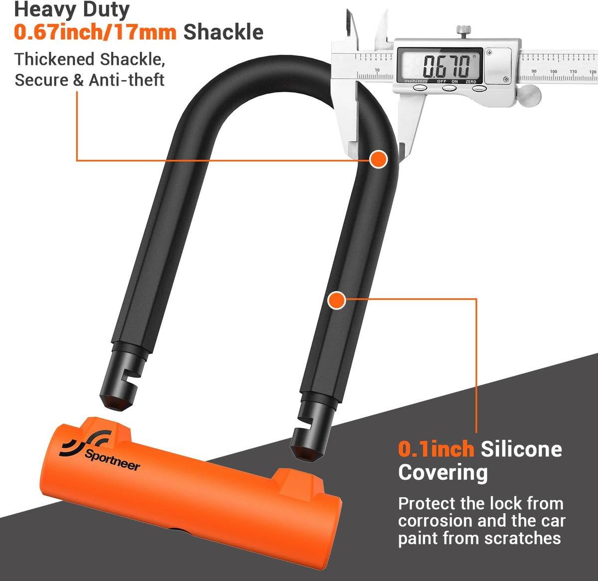 Sportneer Bike Lock: 17mm Heavy Duty Bike U Lock - High-Security Anti-Theft with 12mm x1.5m Steel Cable, 8''x5'' Compact Design, Includes Mounting Bracket for Mountain/Road/Folding/Electric Bikes - PuriLite