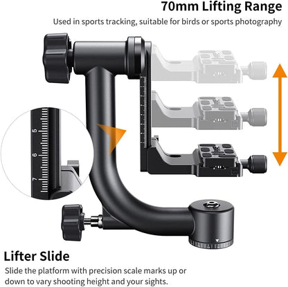 K&F Concept Professional Gimbal Head Heavy Duty Metal 360 Degree Panoramic Tripod Head with Standard 1/4'' Quick Release Plate and Bubble Level for Digital SLR Cameras Up to 20KG/44LBS - PuriLite