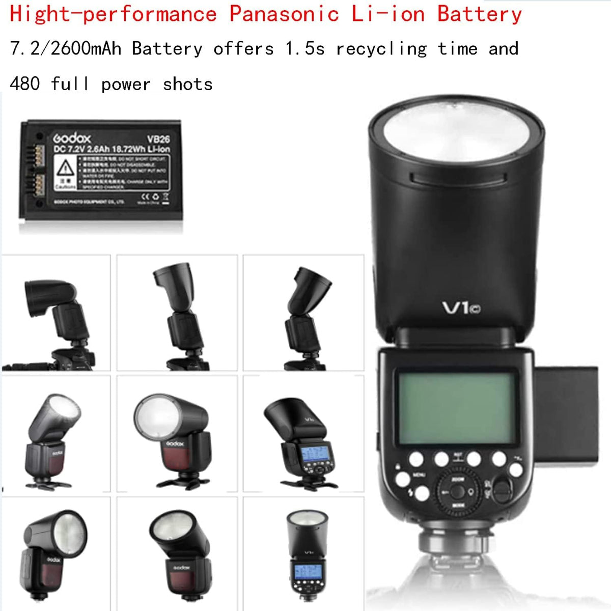 Godox V1 V1-C V1C Round Head Camera Flash for Canon Flash Speedlite Speedlight Light,76Ws 2.4G TTL1/8000 HSS,480 Full Power Shots,1.5s Recycle Time,2600mAh Li-ion Battery,10 Levels LED Modeling Lamp - PuriLite