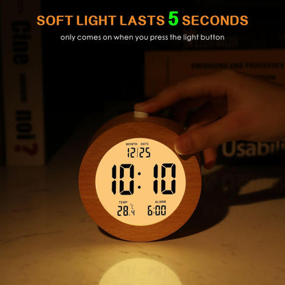 Plumeet Wooden Digital Alarm Clock for Bedrooms, Wood 4'' Battery Powered Alarm Clock with Snooze and Nightlight, Electronic LCD Desk Clock Display Time, Date, Temp, 12/24H, Wood Décor (Sapele, 3.2'') - PuriLite