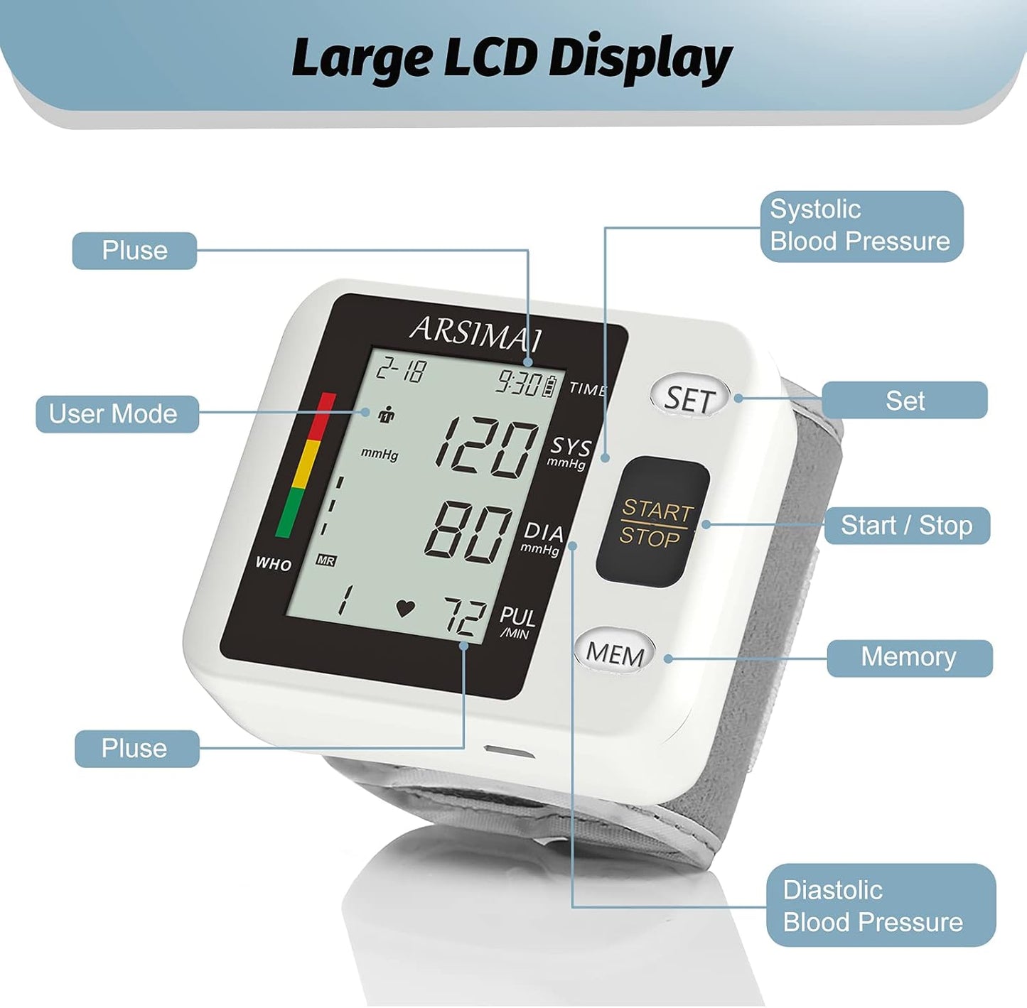 Blood Pressure Monitor - Wrist Accurate Automatic High Blood Pressure Monitors Portable LCD Screen with Storage Case and Adjustable Cuff Powered by Battery -Black - PuriLite