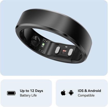 RingConn Gen 2 Smart Ring, No App Subscription, Size First with Sizing Kit, 12-Day Battery Life, Stress/Women's Health Tracker, Compatible with Android & iOS (Black, Size 8) - PuriLite