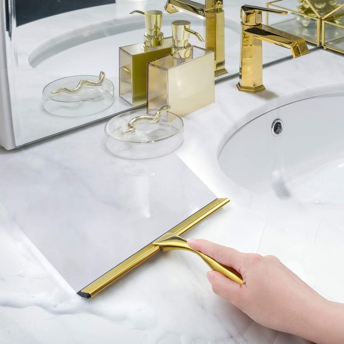 Sishynio All-Purpose Shower Squeegee for Shower Doors, Bathroom, Window and Car Glass - Golden, Stainless Steel, 10 Inches - PuriLite