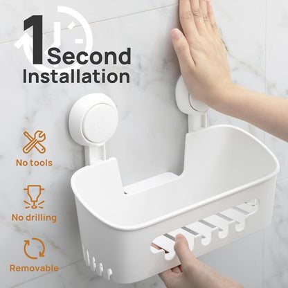 LEVERLOC Shower Caddy Suction Cup, 2 Pack Black Shower Shelf with Hooks and Soap Holder, NO-Drilling Bathroom Organizer, Rustproof Metal Bathroom Storage and Organization - PuriLite