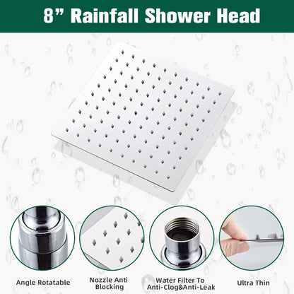LCEVCGK Shower Faucet Set Complete Matte Black Shower System with 8 inch Square Rainfall Shower Head 3-Function Handheld Shower Waterfall Bathtub Spout Rain Shower Combo Set Bathroom Wall Mounted - PuriLite