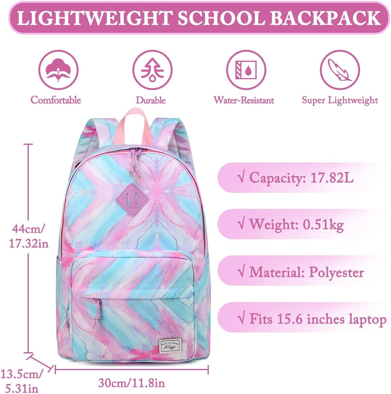 School Backpack, Kasqo 15.6 Inch Classic Lightweight Water-Resistant Backpack for Men Women Teens Girls Boys Kids to School, College, Travel, Work, Black - PuriLite