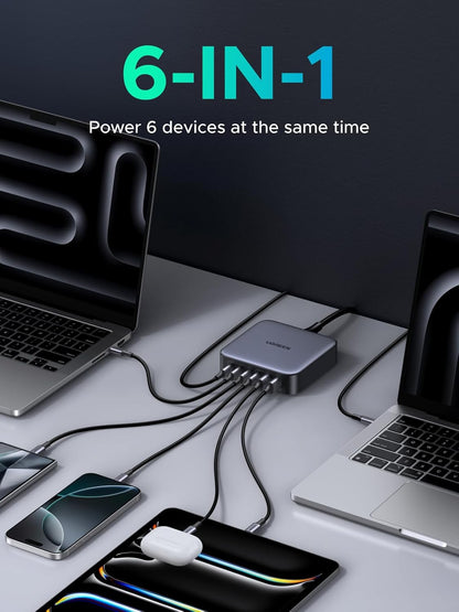UGREEN Nexode 200W USB C Charger, 6 Ports GaN Desktop PD Fast Charger Compatible for MacBook Pro/Air, iPad Pro/Air, iPad, Dell XPS, Galaxy S22/S21, iPhone 15/14/13, Pixel, Steam Deck and More - PuriLite