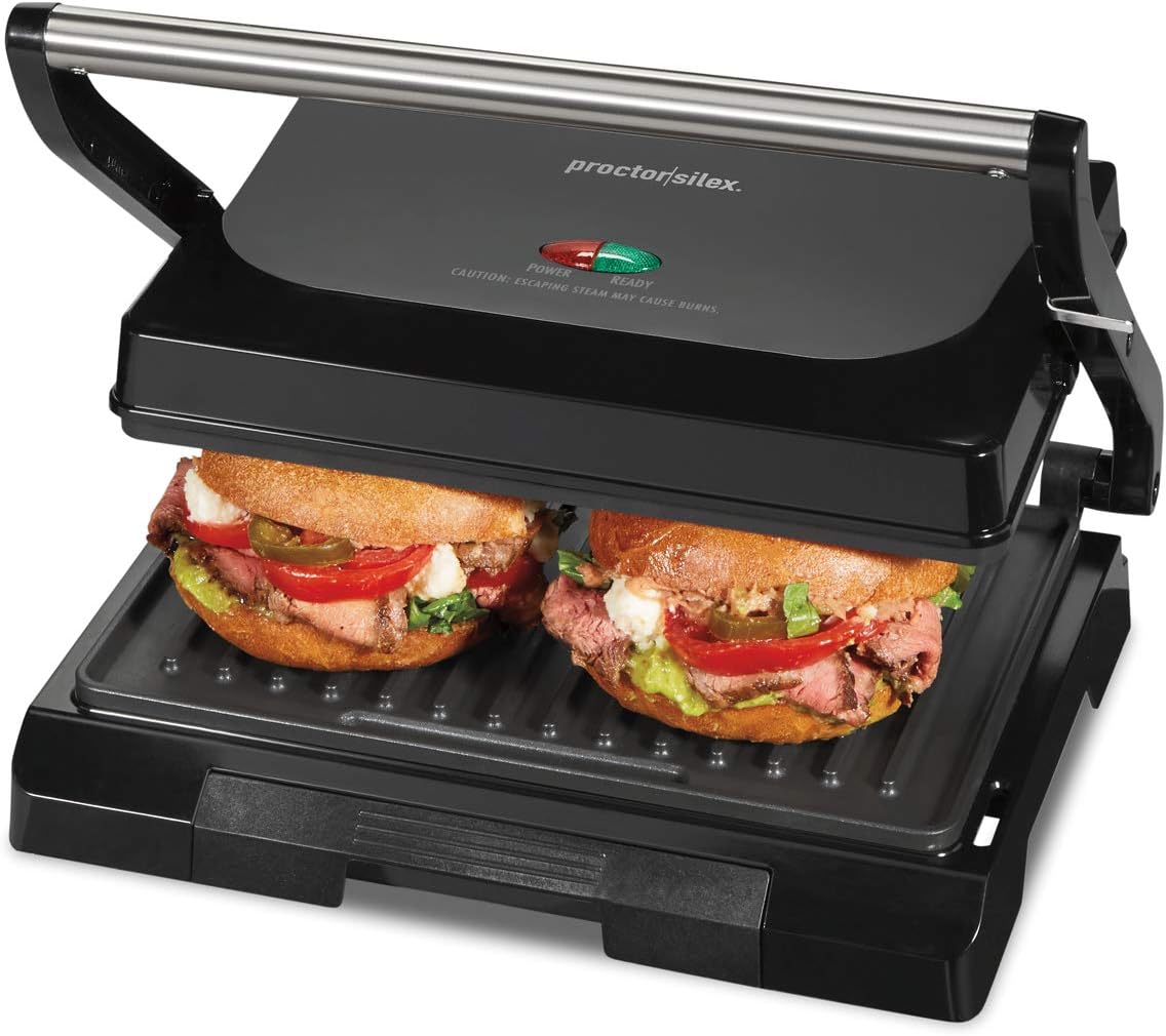 Proctor Silex 4 Serving Panini Press, Sandwich Maker and Compact Indoor Grill, Upright Storage, Easy Clean Nonstick Grids, Black (25440PS) - PuriLite