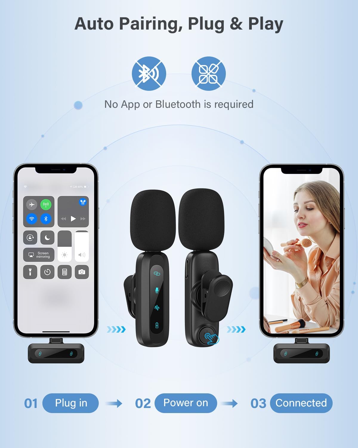 Wireless Lavalier Microphone for iPhone, iPad, Android Phone，2-Pack Mini Microphone with Noise Reduction, Auto Pairing and Mute & Reverb for Vlogging, Video Recording, TikTok, YouTube - Plug & Play - PuriLite