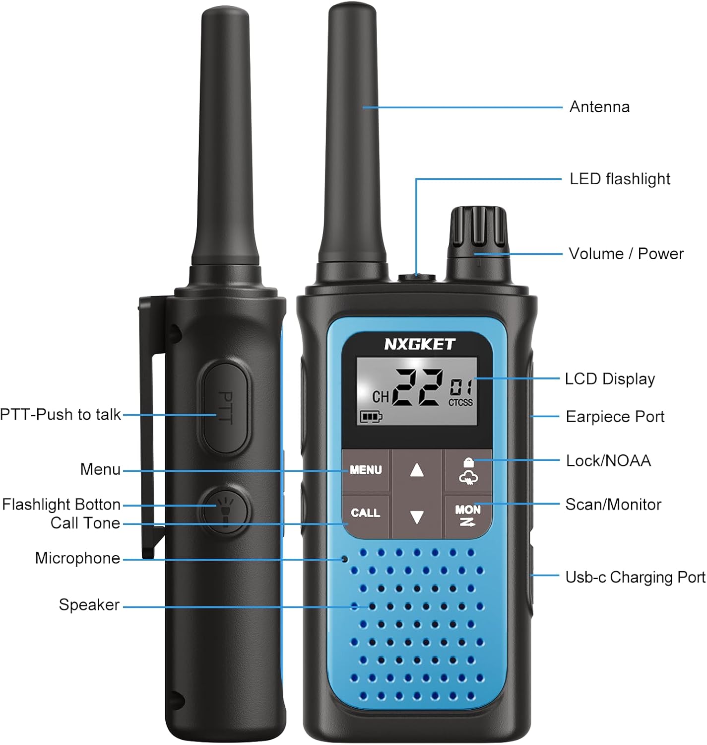 NXGKET Walkie Talkies Long Range for Adults Kids – Rechargeable Two Way Radio with 22 Ch, 1800mAh Battery, USB-C Charging, NOAA Weather, VOX, Flashlight – Great for Outdoor Camping & Hiking 4 Pack - PuriLite