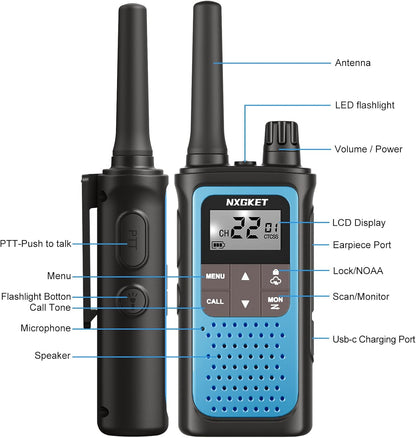 NXGKET Walkie Talkies Long Range for Adults Kids – Rechargeable Two Way Radio with 22 Ch, 1800mAh Battery, USB-C Charging, NOAA Weather, VOX, Flashlight – Great for Outdoor Camping & Hiking 4 Pack - PuriLite