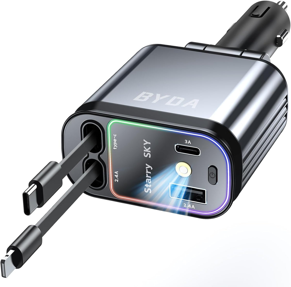 4 in 1 Retractable Car Charger 69W with Starry Light,69W Fast Charging USB C for iPhone 16/15/14/13/12,Pixel, Cigarette Lighter Charger,180° Adjustable Plug,Multi-Device Support - PuriLite
