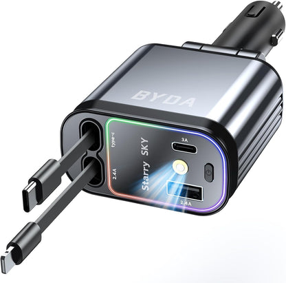 4 in 1 Retractable Car Charger 69W with Starry Light,69W Fast Charging USB C for iPhone 16/15/14/13/12,Pixel, Cigarette Lighter Charger,180° Adjustable Plug,Multi-Device Support - PuriLite
