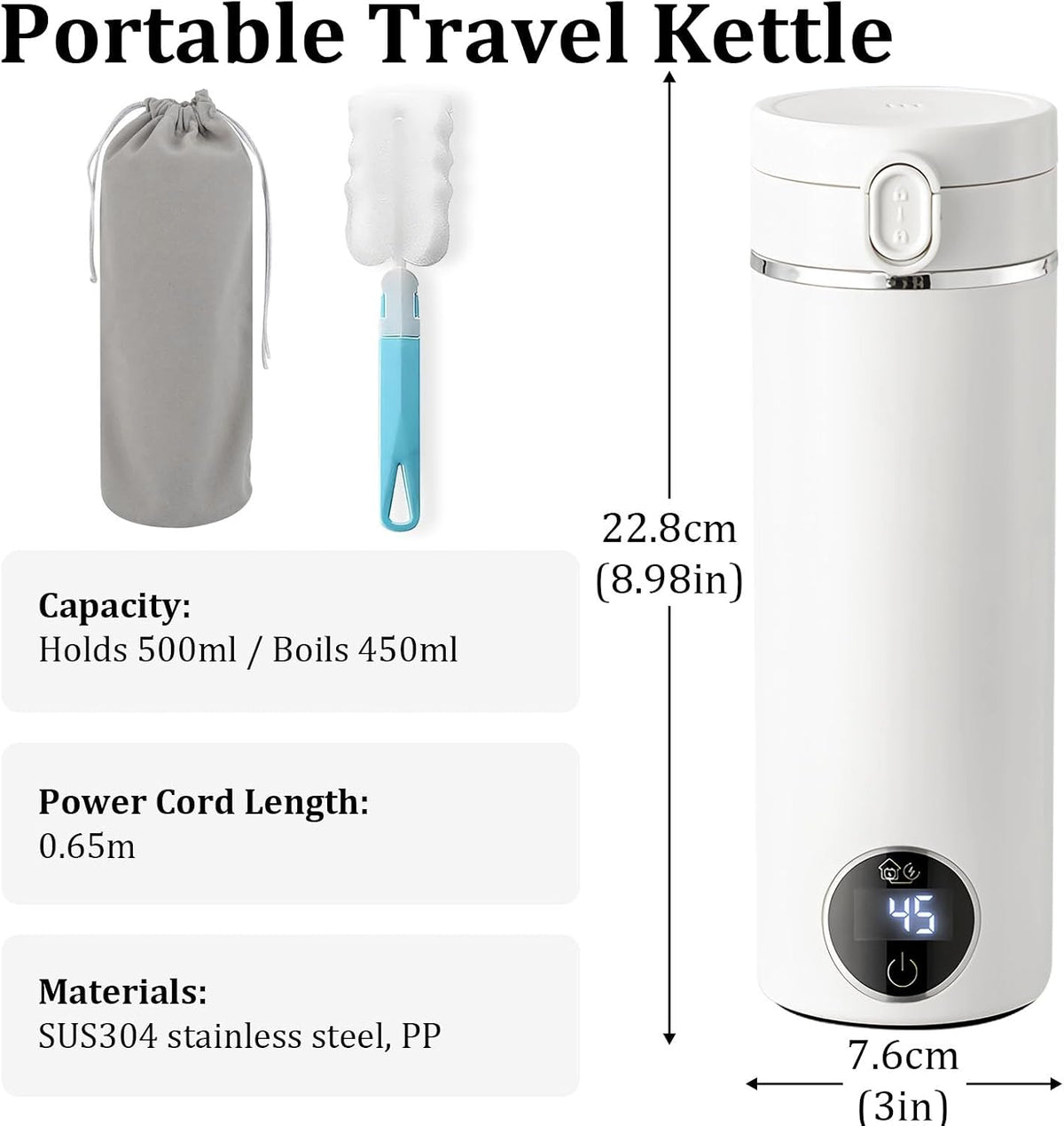Portable Electric Kettle, 500ml Portable Kettle with USB-C Charger, Mini Travel Kettle with Carry Handle & 6 Adjustable Temperature Settings, Dual Power Modes for Home Travel Car Camping