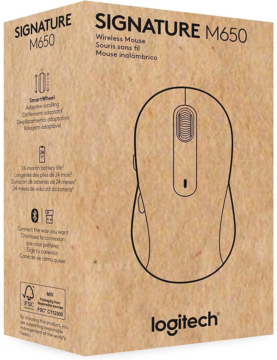 Logitech Signature M650 L Full Size Wireless Mouse - For Large Sized Hands, 2-Year Battery, Silent Clicks, Customizable Side Buttons, Bluetooth, for PC/Mac/Multi-Device/Chromebook - Black - PuriLite