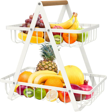 2 Tier Countertop Fruit Basket,Portable Fruit Bowle Basket for Kitchen Organizer Storage & Dining Room Fruits Vegetable Bread Snacks,MAHUEEOL Detachable Metal Rectangle Basket Storage - PuriLite