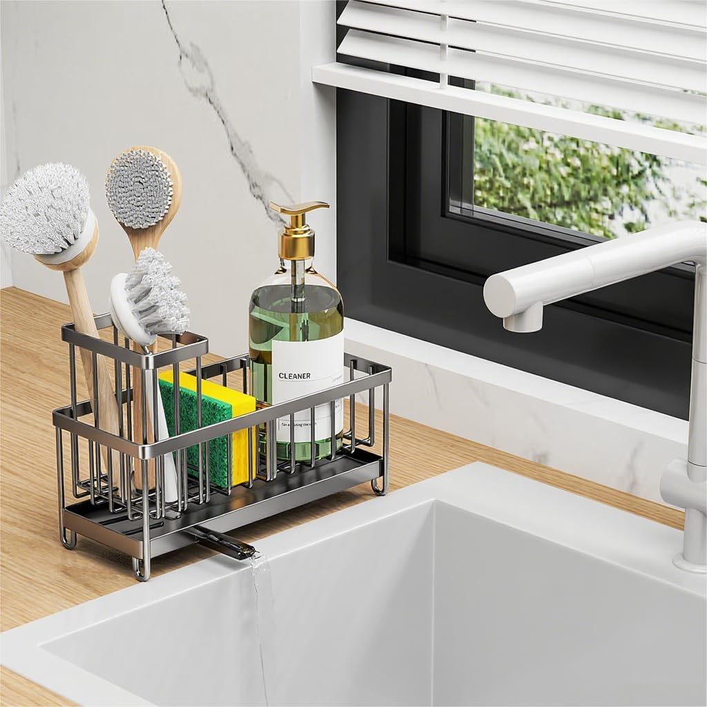 Cisily Sponge Holder for Kitchen Sink, Sink Caddy with High Brush Holder, Organzier Rustproof 304 Stainless Steel Dish Organizer Divider, Soap Dispenser Storage (Black) - PuriLite