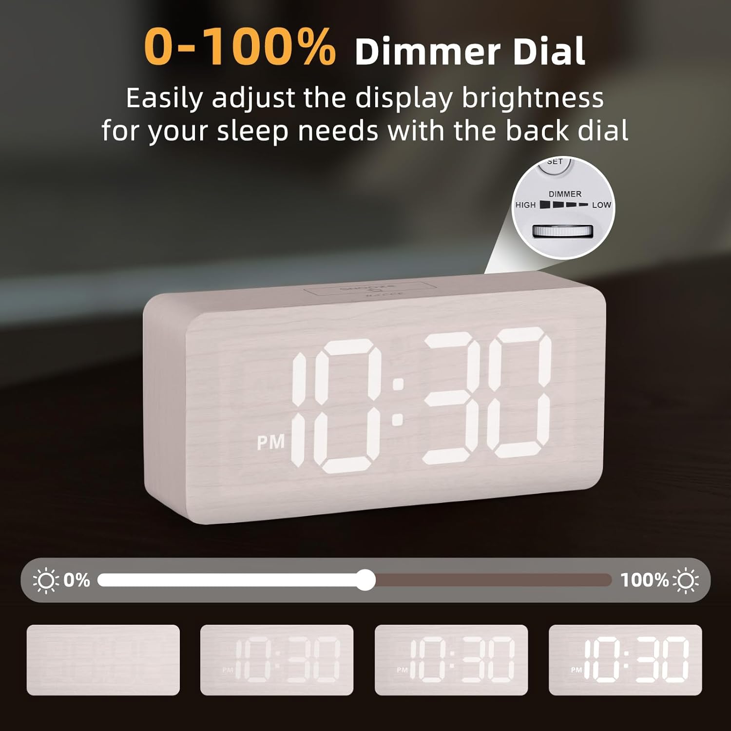Purilite Select Wooden Digital Alarm Clock with Large LED Display - PuriLite