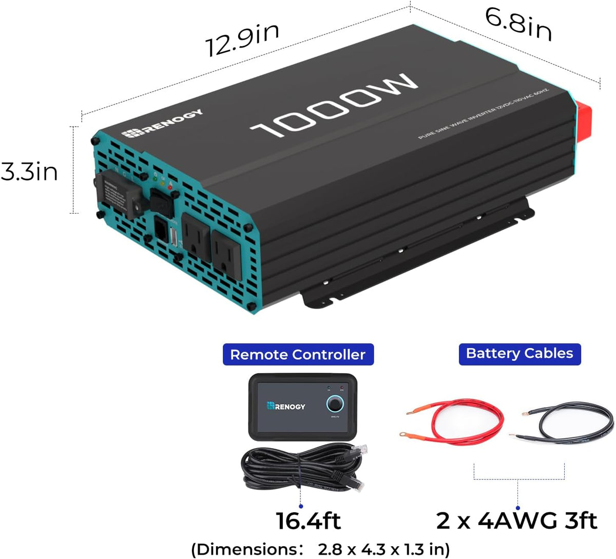 Renogy Pure Sine Wave Inverter 1000w Power Inverter DC 12v to AC 110v, Solar Inverter 12v to 110v Converter with 5V/2.1A USB Port, 2 AC Ports, Remote Controller - PuriLite