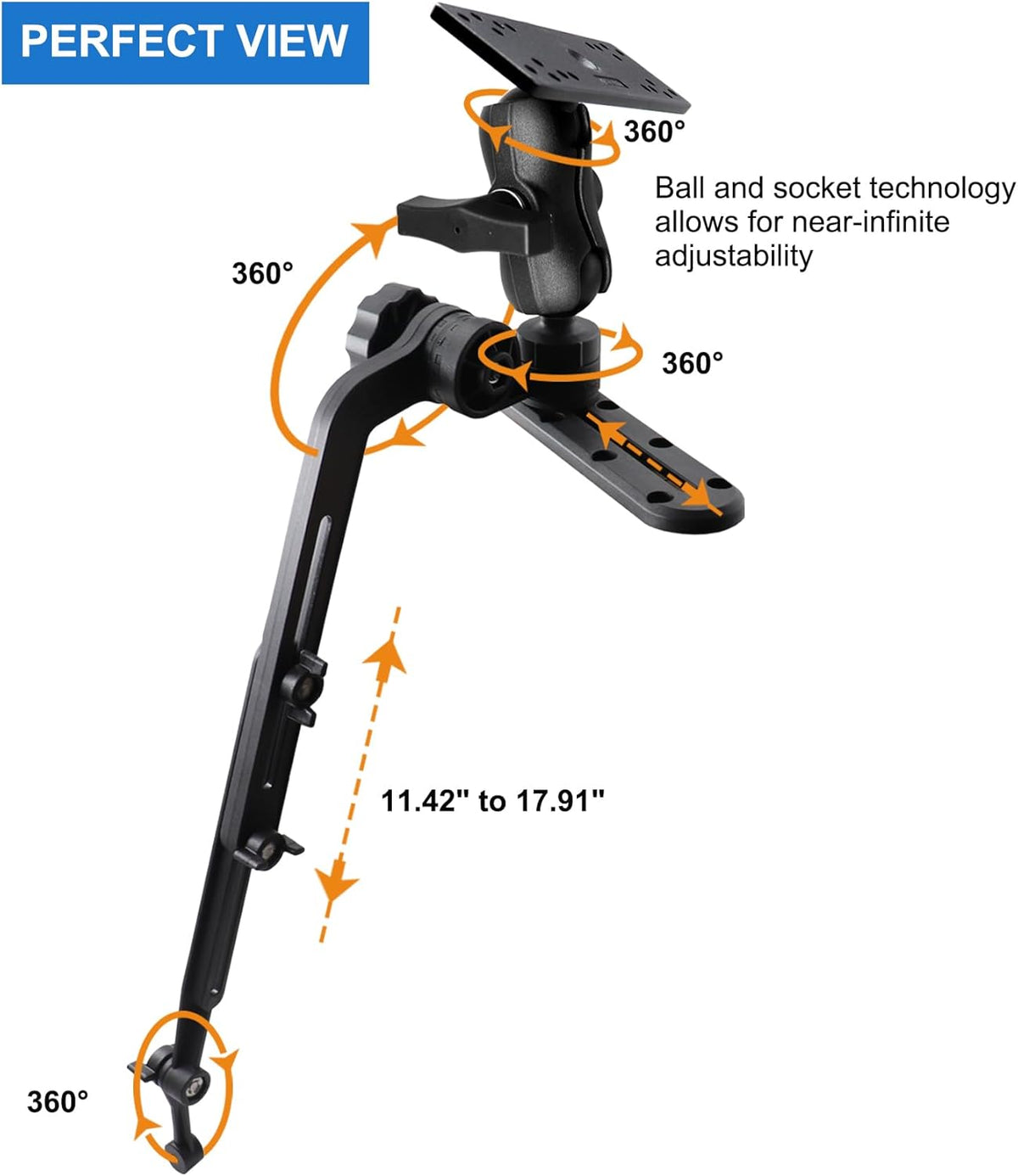 WINDFRD 1.5" Ball Kayak Fish Finder Mount with Transducer Mounting Arm, Marine Electronic Mount Plate with Low Profile Track, Compatible with RAM Mounts, Scotty, Lowrance, Garmin - PuriLite