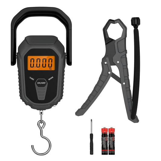 AMIR Fish Scale, 110lb/50kg Backlit LCD Display Digital Luggage Scale, Electronic Fishing Scale with Lip Gripper, Digital Weight Scale with 38'' Measuring Tape, Pocket Size, Fishing Gifts for Men - PuriLite