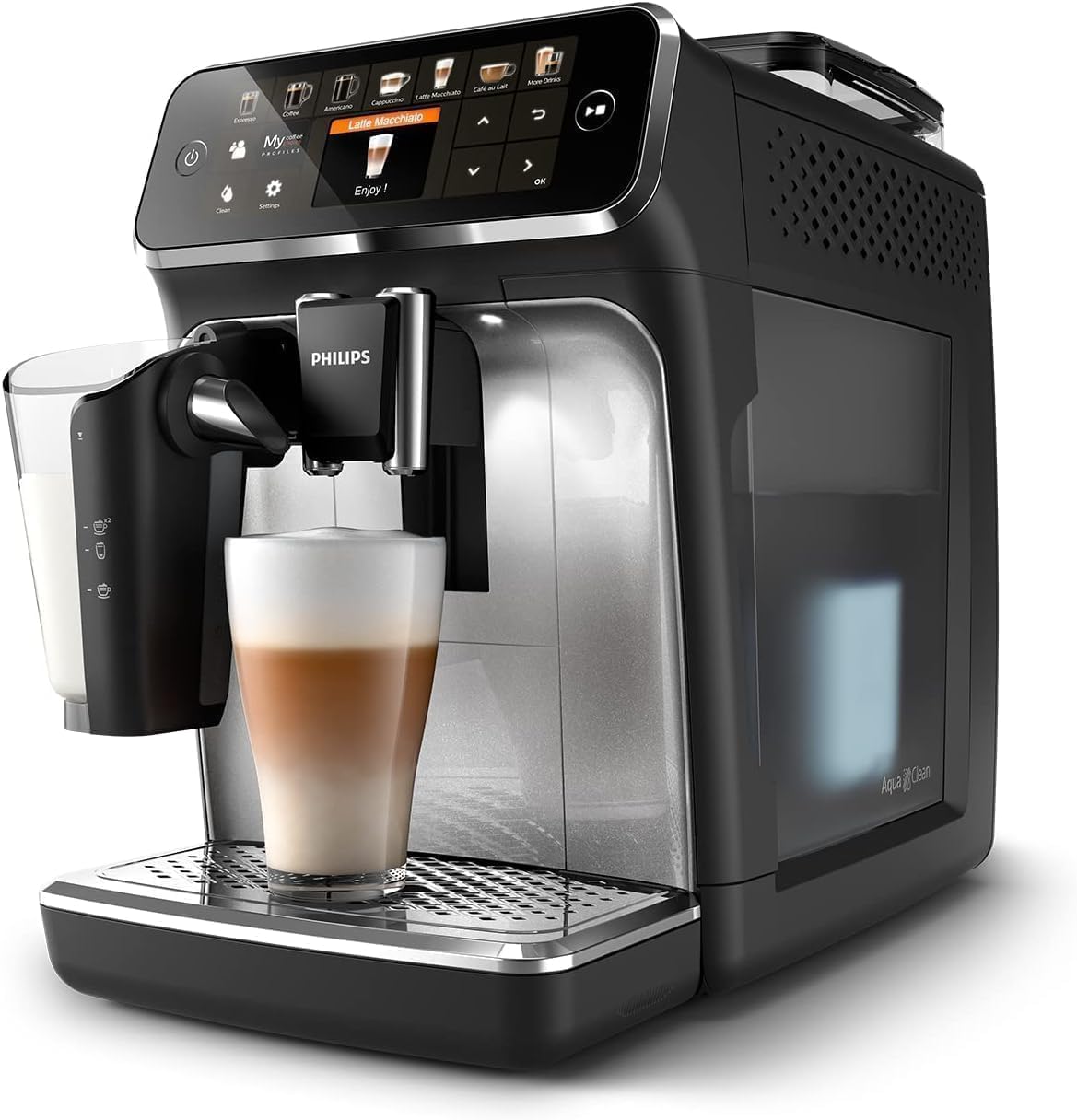 PHILIPS 5500 Series Fully Automatic Espresso Machine - LatteGo Milk System, 20 Coffee Varieties, Intuitive Touch Display, SilentBrew, 100% Ceramic Grinder, AquaClean Filter, Grey Chromed (EP5544/90) - PuriLite