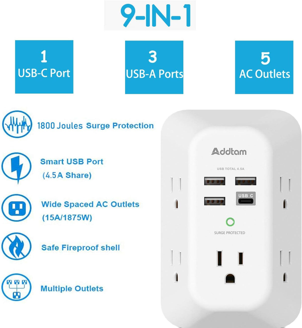 2 Pack Wall Outlet Extender Surge Protector with 5 AC Outlets and 4 USB Charging Ports, 3-Sided Multi Plug Adapter with USB-C, 1800J Power Strip for Home, Office, and Travel - PuriLite