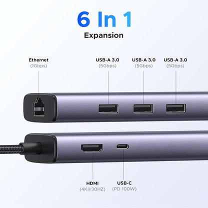 UGREEN Revodok USB C Hub 6-in-1, Type C Adapter with Gigabit to Ethernet Adapter, 4K HDMI, 100W PD, 3 USB 3.0, Compatible with MacBook, iPad, Dell, HP, Surface, Chromebook, Mac mini - PuriLite