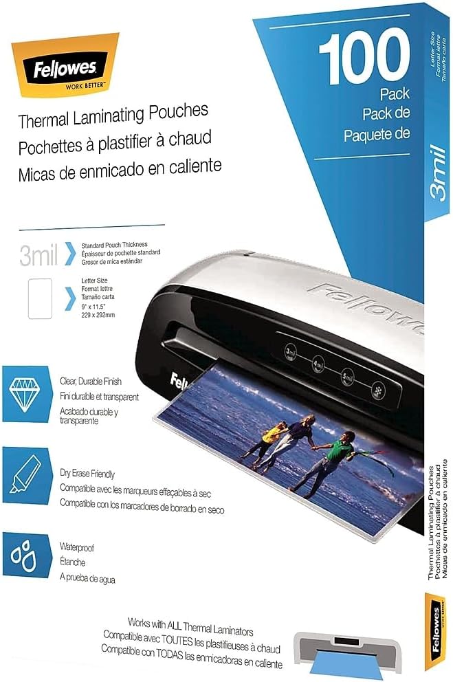 Fellowes Thermal Laminating Pouches, Letter Size Sheets 9 x 11.5-Inches, 3 mil, 200 Pack (5743401), Clear - PuriLite