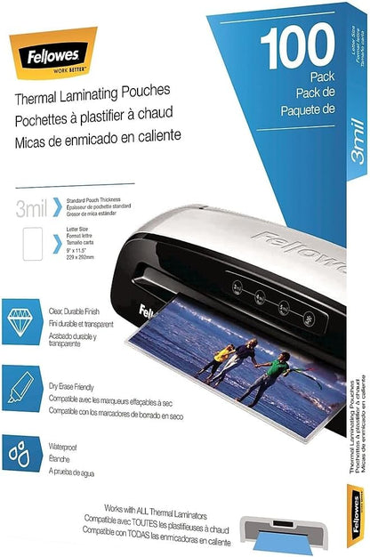 Fellowes Thermal Laminating Pouches, Letter Size Sheets 9 x 11.5-Inches, 3 mil, 200 Pack (5743401), Clear - PuriLite