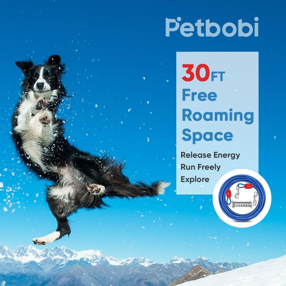 Petbobi Dog Tie-Out Cable 30ft - Outdoor Leash 4mm Metal Cable with Shock Absorbing Spring 360° Swivel Clips, Dog Chain for Yard Camping, Fit Small Medium Large Pets Up to 120lbs, Blue - PuriLite