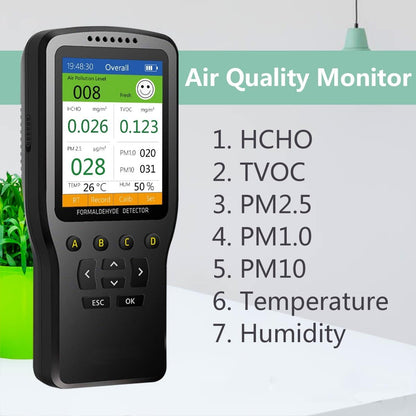 Air Quality Tester, 8 in 1 Air Quality Monitor Indoor，Formaldehyde Detector, voc Meter, Detect Indoor HCHO,TVOC,AQI,PM2.5,PM10,PM1.0,Temperature and Humidity Tester (Black) - PuriLite