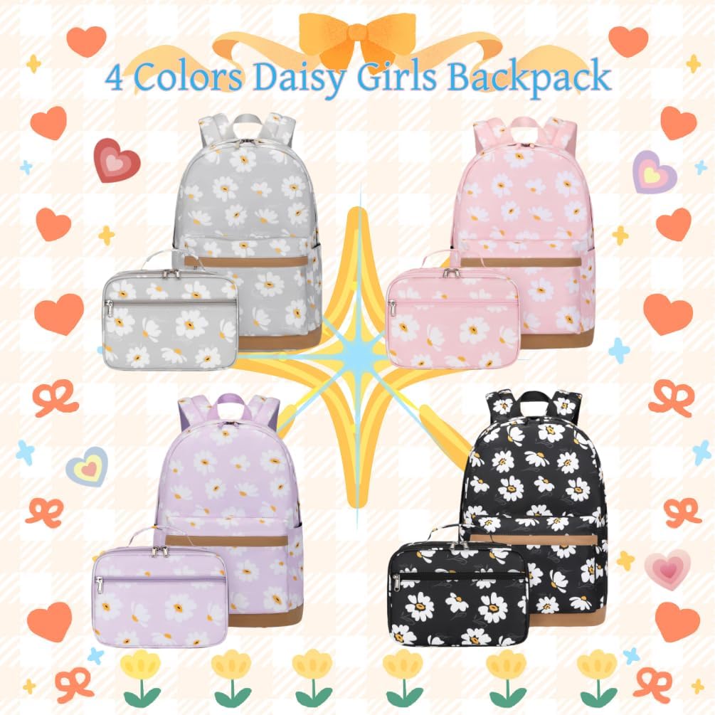 3Pcs Daisy Prints Backpack for Girls Bookbag set Primary School Daypack Elementary Students Knapsack with Lunch Box - PuriLite
