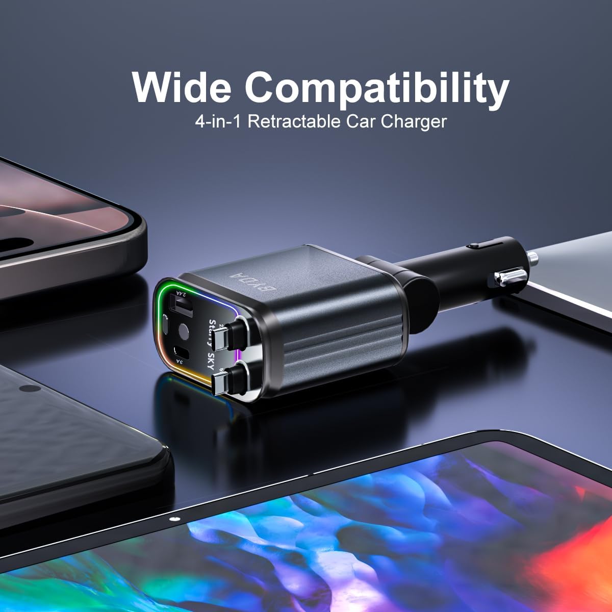 4 in 1 Retractable Car Charger 69W with Starry Light,69W Fast Charging USB C for iPhone 16/15/14/13/12,Pixel, Cigarette Lighter Charger,180° Adjustable Plug,Multi-Device Support - PuriLite