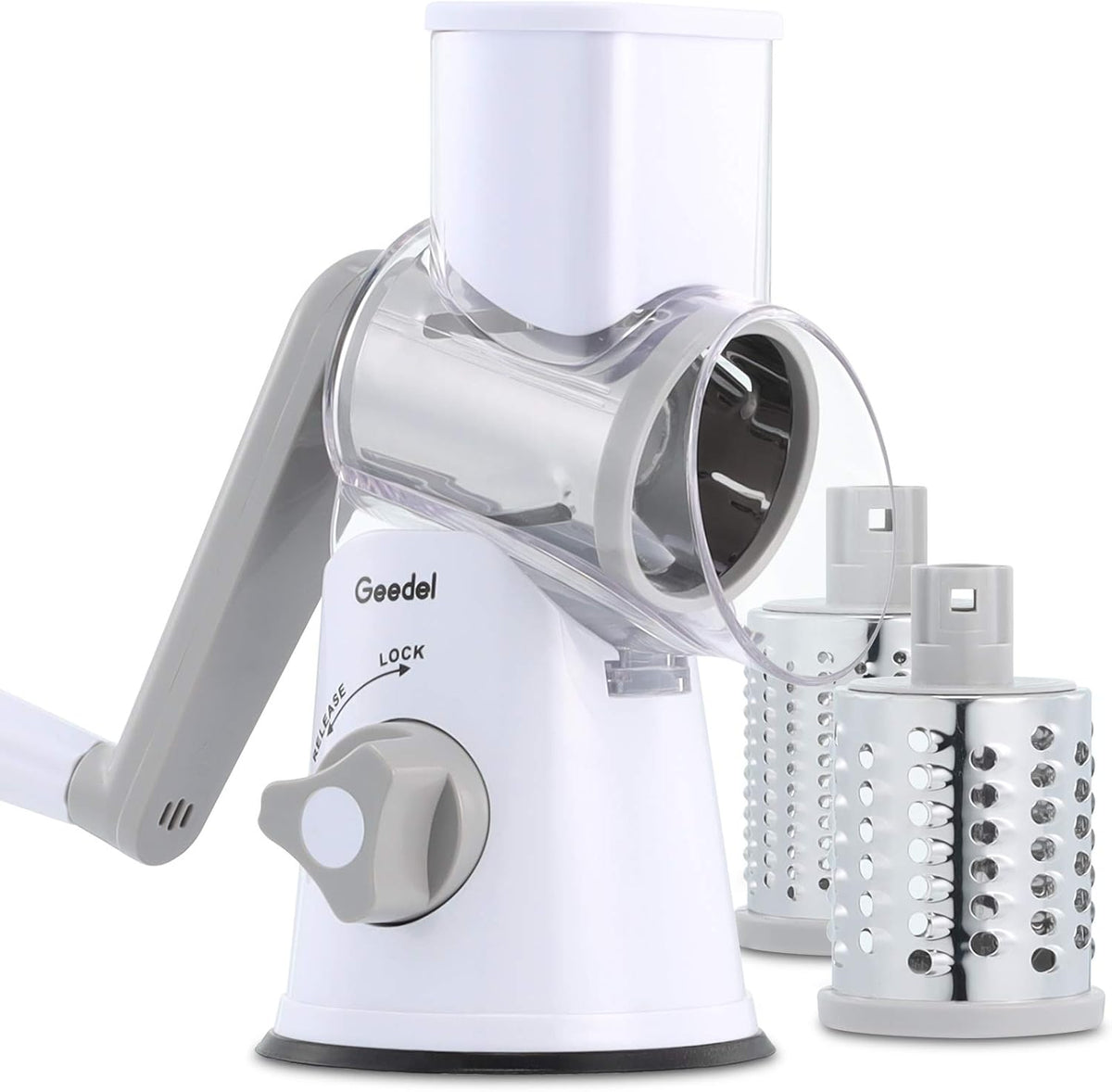 Geedel Kitchen Cheese Grater, Rotary Mandoline Vegetable Slicer with Interchangeable Blades, Easy to Use Rotary Grater Slicer for Fruit, Vegetables, Nuts - PuriLite