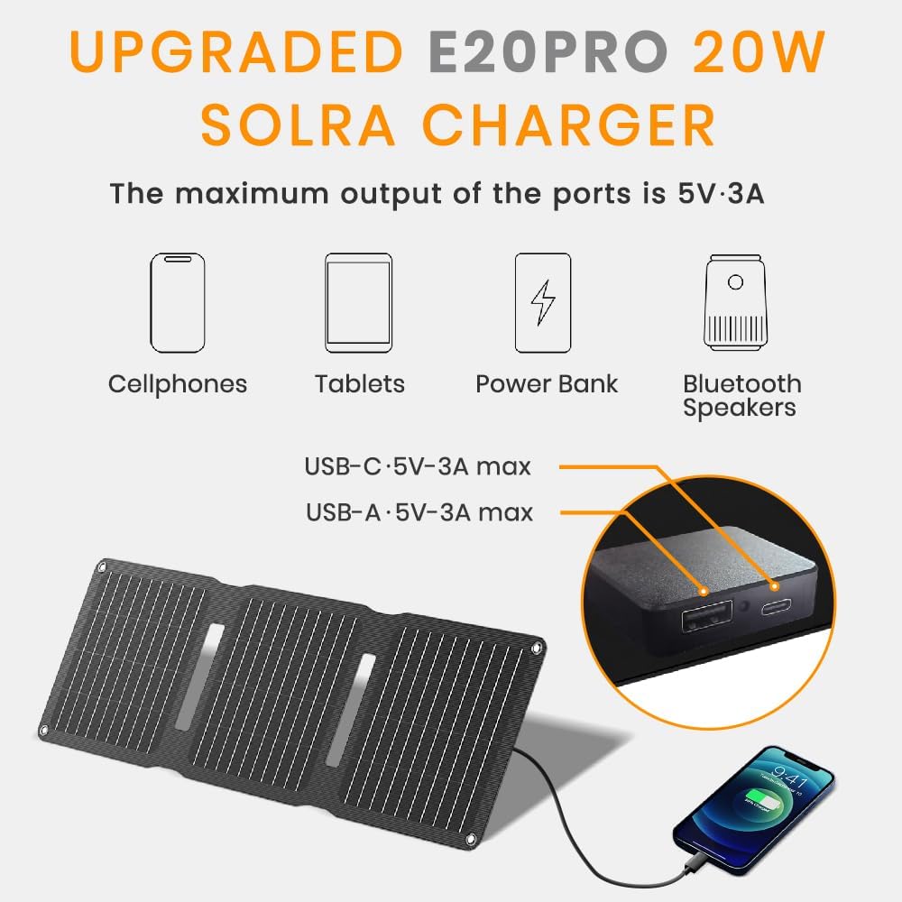 FlexSolar 20W Solar Panel Charger 5V USB-A USB-C Output Portable Foldable Small Power IP67 Waterproof Camping Backpacking Hiking Emergency for Phones Power Banks Flashlight Fans - PuriLite