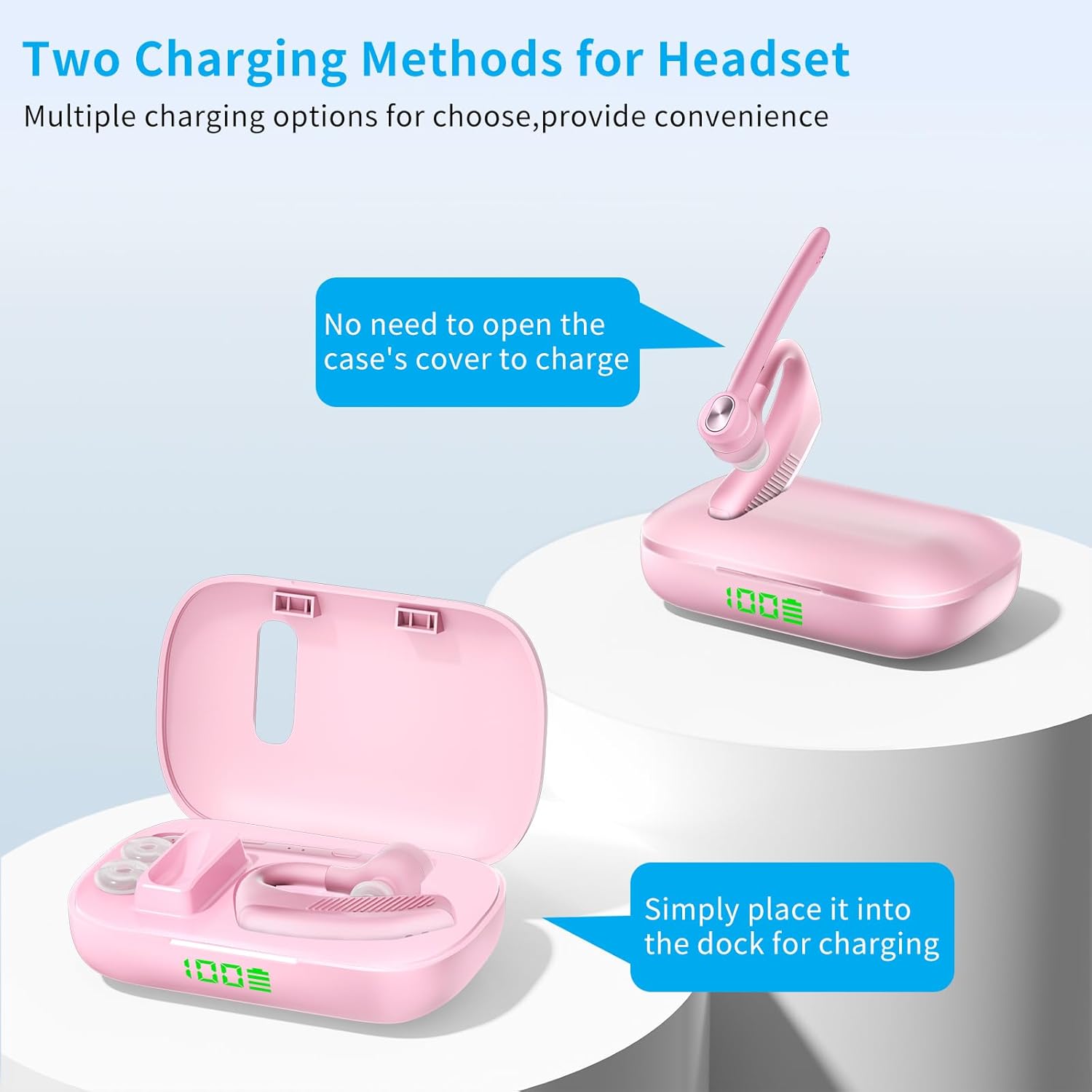 Wireless Headset Bluetooth Earpiece with Dual Noise Canceling Microphone Hands Free Headphones Single Ear Earphone Over Ear Earbud for iPhone Samsung Android Cellphones TV PC Trucker Game Work - PuriLite