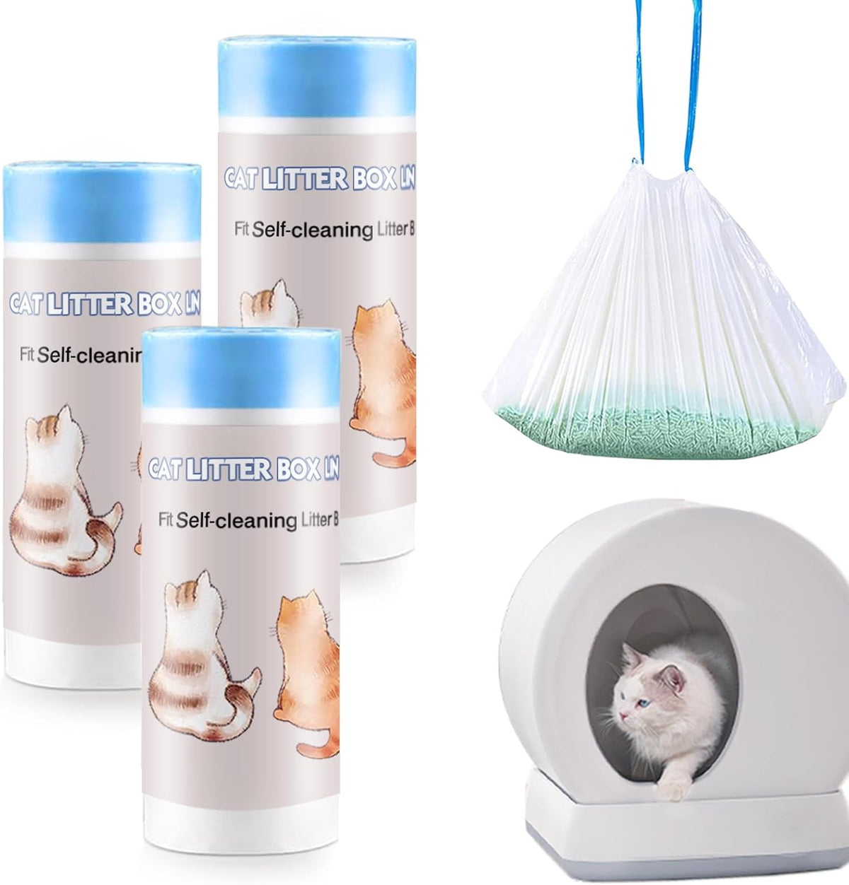 Joddguu 100 Count Self-Cleaning Cat Litter Box Liners Compatible With MW-SC01/MW-SC02/MW-LR01 Automatic Cat Litter Box, Drawstring Heavy Duty Kitty Litter Bags Replacement Trash Bag -18" x 12.6" - PuriLite