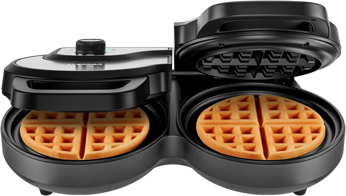 Chefman Anti-Overflow Belgian Waffle Maker w/ Shade Selector, Temperature Control, Mess Free Moat, Round Iron w/ Nonstick Plates & Cool Touch Handle, Measuring Cup Included, Red - PuriLite