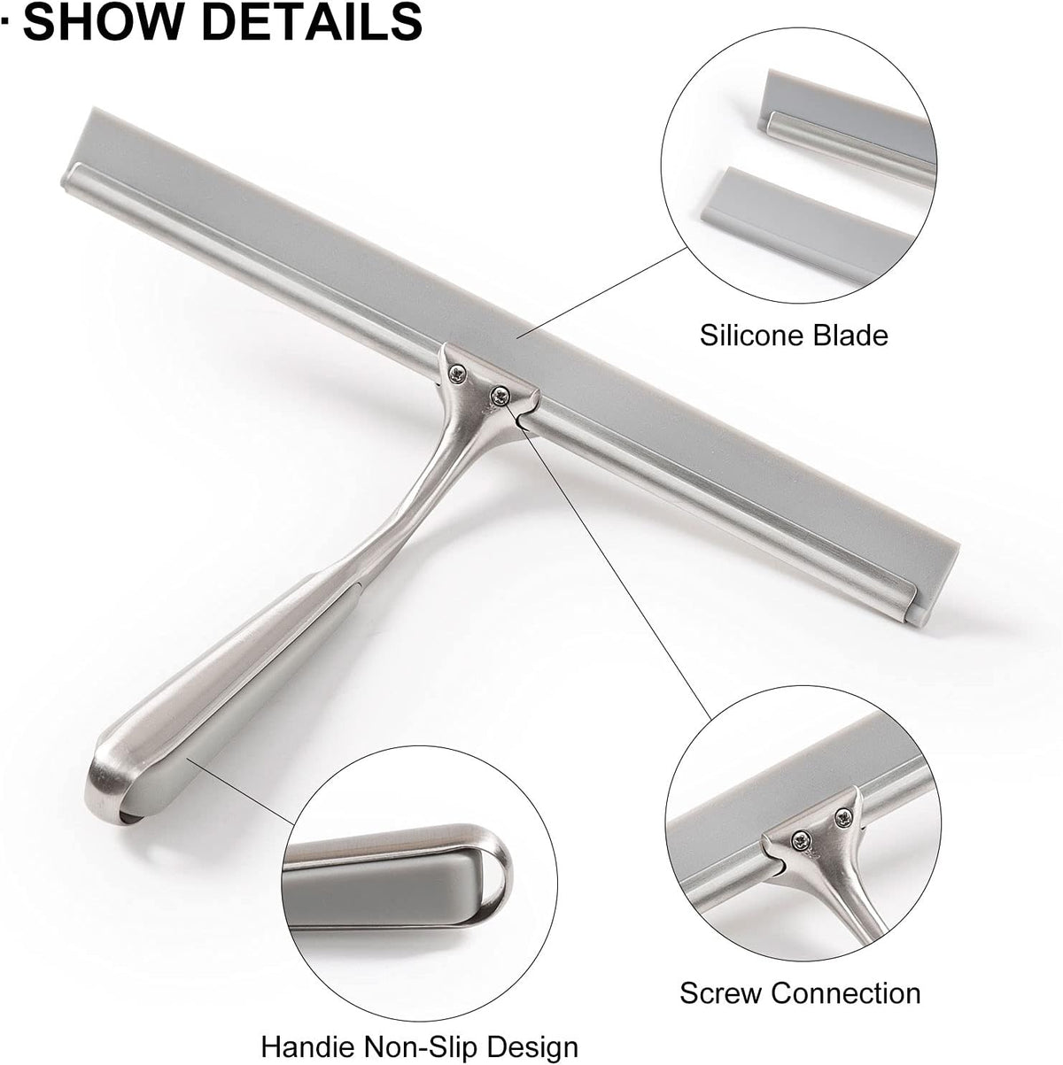Ettori Shower Squeegee for Glass Doors, Squeegee for Shower Glass Door, Window and Car Glass, Mirrors - All-Purpose Stainless Steel Squeegee, 10 Inches and Black - PuriLite